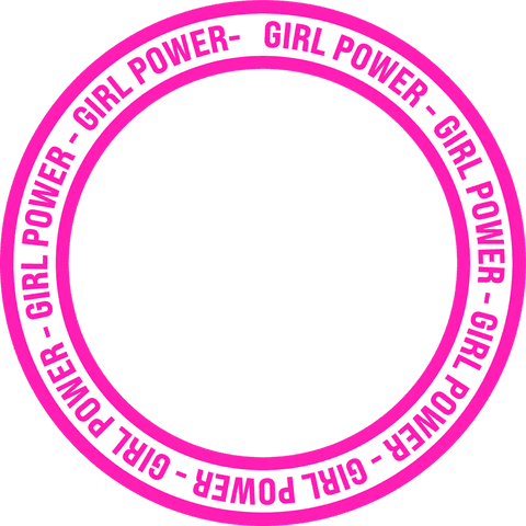Transparent pink circle badge with girl power text repeated