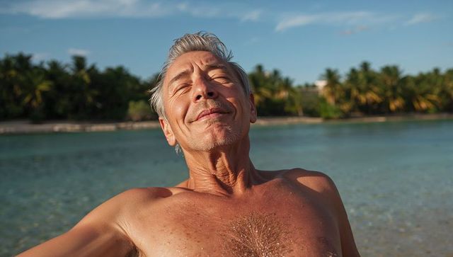 Reclining senior man relaxing and soaking in sunlit tropical lagoon by palm trees