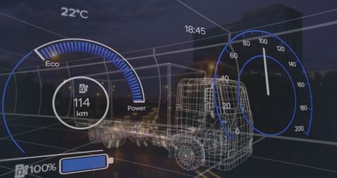 Augmented Reality HUD Displaying Vehicle Metrics Over City Background