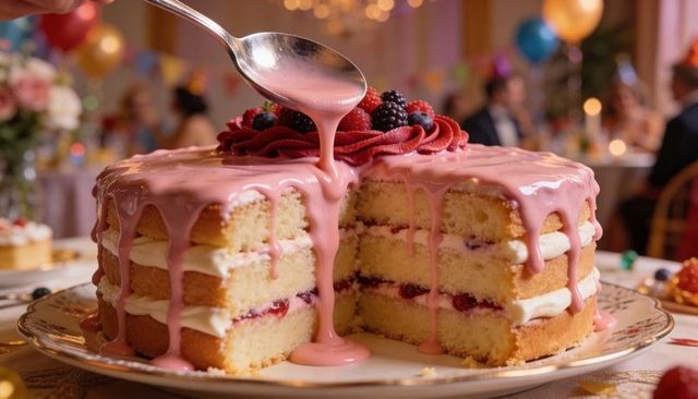 Pouring Pink Glaze Over Layered Vanilla Sponge Cake with Berries at Party Reception