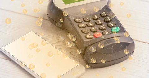 Digital Payment Terminal with Bitcoin Overlays on Wooden Surface - Download Free Stock Images Pikwizard.com