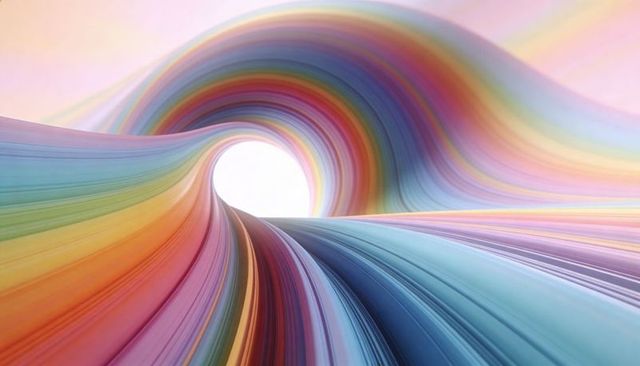 Colorful ribbon tunnel spiraling toward glowing portal, glossy layered abstract motion