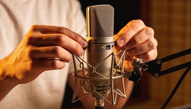 Hands adjusting shock mount on condenser microphone with boom arm in warm home studio