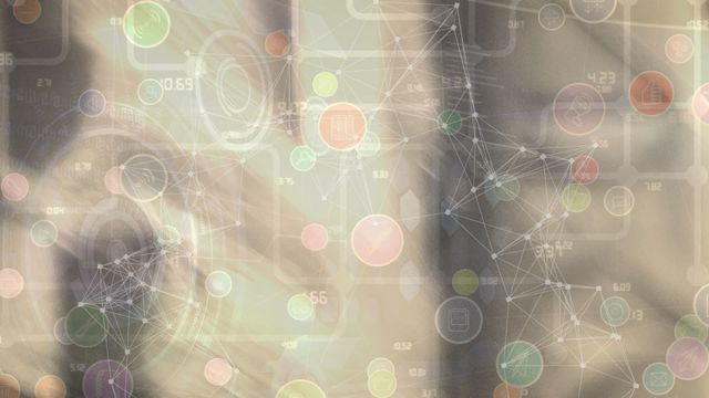 Abstract visualization of interconnected icons and data in a blurred background. It can be used in presentations and content about technology, digital communication, data networks, or abstract themes related to connectivity and future innovation.