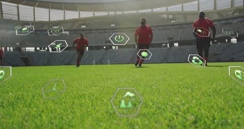 Rugby players sprinting on stadium pitch with floating digital performance and eco icons