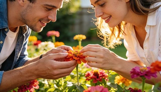 Couple tending vibrant zinnias in sunlit backyard garden, closeup of hands and smiles