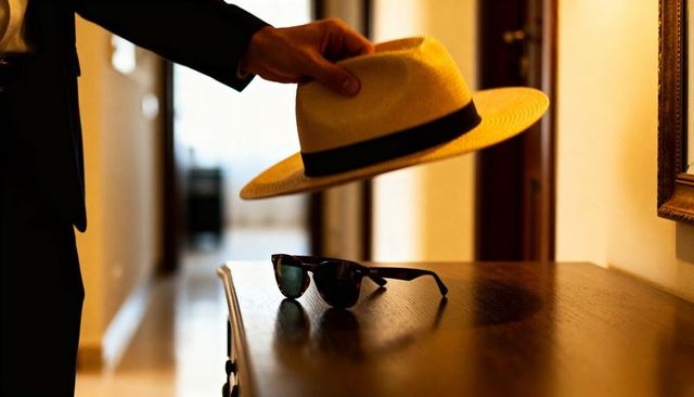 Man holding straw fedora over console with sunglasses reflecting warm hallway light