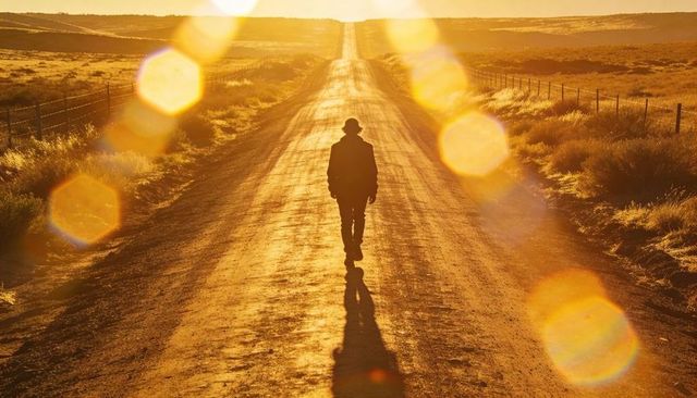 Lone traveler walking dirt road at sunset casting dramatic shadow and golden lens flare