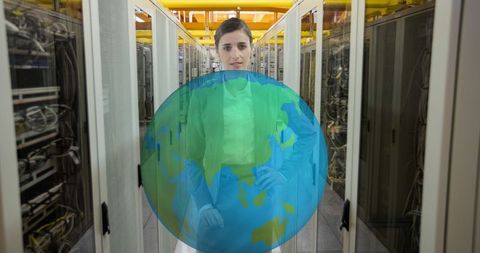 Woman Engaging with Virtual Globe in Server Room for Network Innovation - Download Free Stock Images Pikwizard.com