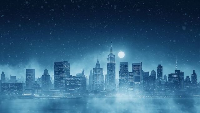 Moonlit metropolis skyline glowing over calm waterfront with drifting snow and mist