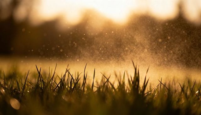 Sunlit meadow grass catching golden dew and floating mist with warm bokeh glow