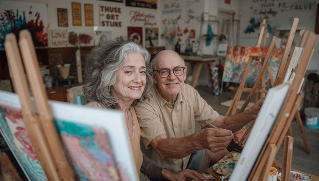 Senior couple painting together at wooden easels in vibrant art studio, smiling and creating
