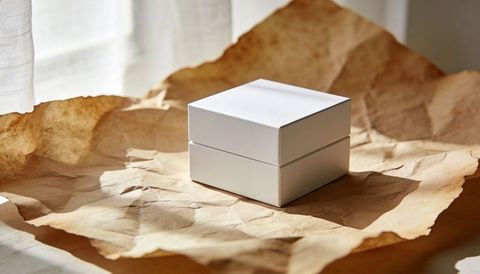 Minimalist White Two-Piece Gift Box Catching Soft Window Light on Crumpled Kraft Paper