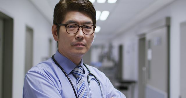 Portrait of asian male doctor with arms crossed smiling while standing in the corridor at hospital. healthcare and medical concept