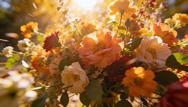 Golden-hour bouquet glowing with peach roses and orange blooms, backlit garden closeup
