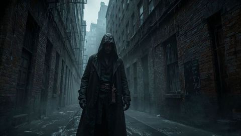 Hooded assassin figure in gritty urban alley with mysterious atmosphere