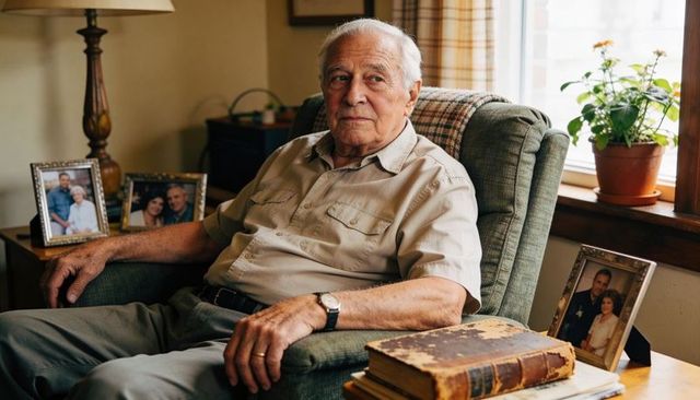 Reflective senior checking wristwatch in cozy armchair surrounded by family portraits