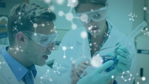 Scientists Collaborating in Lab with Digital Network Overlay