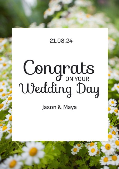This image of a wedding congratulations message on a floral meadow background is ideal for creating personalized wedding cards, invitations, or heartfelt messages. Nature and floral themes provide a fresh and romantic touch, perfect for celebrating an important occasion like a wedding. Useful for social media posts, wedding stationery, or digital greetings.