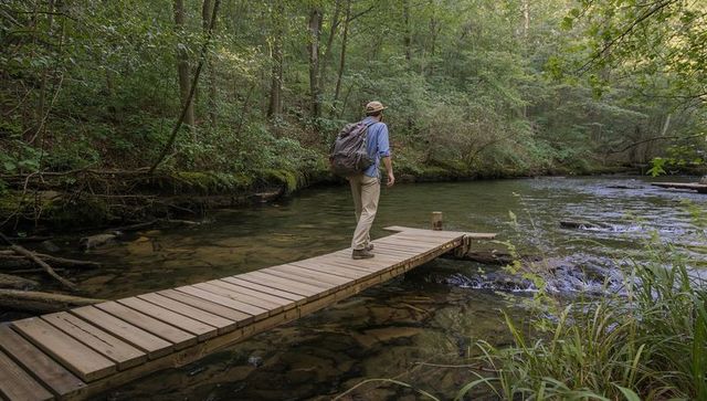 Solo hiker crossing narrow wooden plank bridge over clear stream amid mossy green forest