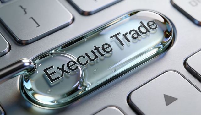 Glassy execute trade key representing instant online trading execution and finance tech