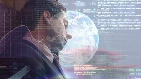 Businessman Exhausted with Financial Data and Digital Overlay