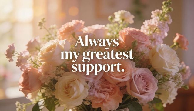 Sunlit pastel rose bouquet with sentimental 'always my greatest support' text overlay