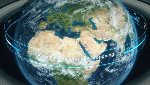 Futuristic earth over africa with hud rings visualizing rapid carbon emissions decline