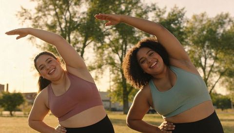 Plus-size women stretching side bends together in sunlit park during golden hour fitness