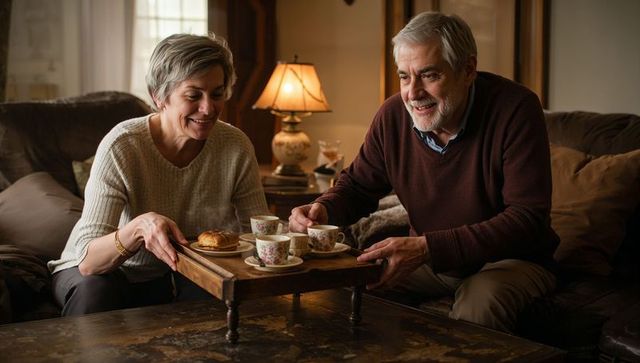 Senior couple enjoying cozy tea time with floral teacups and pastry on rustic tray at home
