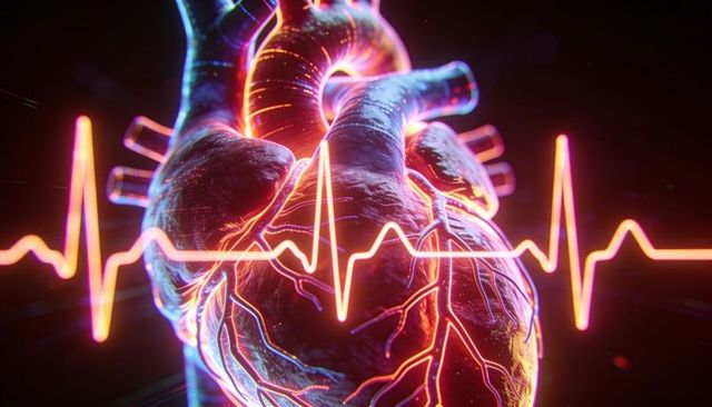 Neon pulsing human heart with ecg waveform and glowing coronary vessels, futuristic tech