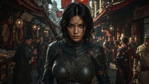 Determined assassin warrior in medieval marketplace ready for adventure