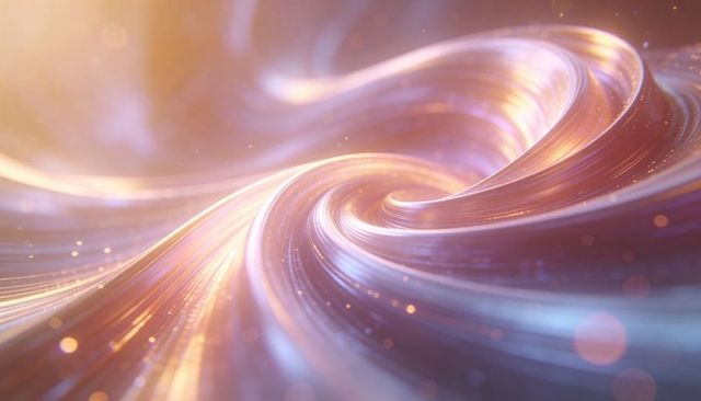 Luminescent spiral vortex of glowing ribbons and sparkling bokeh particles