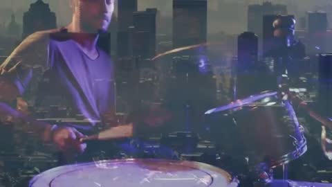 Drummer Creating Intense Urban Beat With City Skyline Backdrop