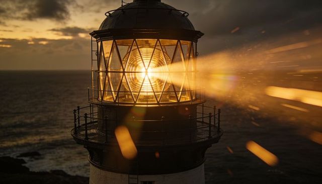 Golden lighthouse beacon casting powerful fresnel beam over ocean at dusk lantern closeup