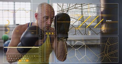 Boxer Practicing with Futuristic HUD Display in Modern Gym