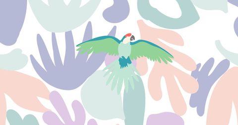 Colorful parrot over abstract pastel forms