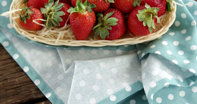 This image shows fresh strawberries arranged in a woven basket placed on a polka dot fabric. Ideal for use in food blogs, healthy living websites, farmers market promotions, and kitchen decor themes. The rustic style and natural texture provide a homely, comforting atmosphere perfect for summer fruit pieces.