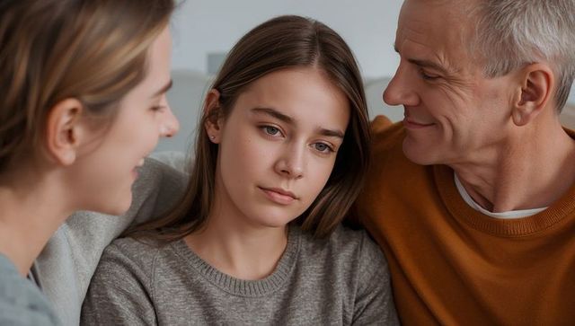 Teenager looking down while parents offering gentle comfort emotional family support
