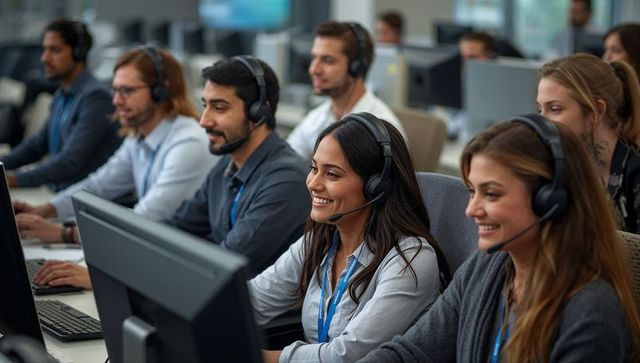 Team of customer service agents using headsets in modern office
