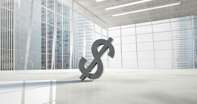 Giant dollar symbol standing in spacious modern office with large windows. Illustration represents financial success, economic growth, corporate investments, and business goals. Suitable for finance-related articles, business presentations, and corporate websites.