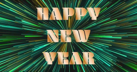 Golden Happy New Year text over radial neon light streaks, vibrant green turquoise burst