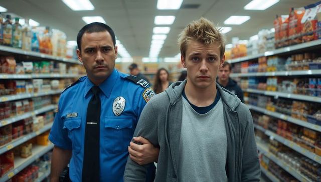 Security guard escorting teen through grocery aisle showing retail loss prevention tension