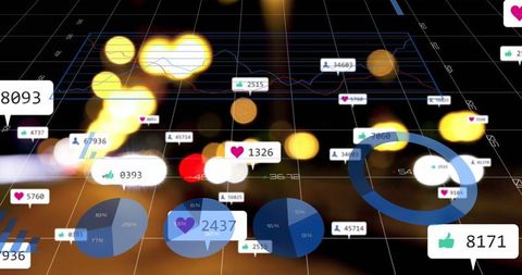 Social media analytics overlay on urban street background