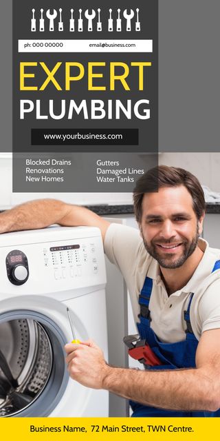 Expert Plumber Repairs Washing Machine in Home Maintenance Ad - Download Free Stock Templates Pikwizard.com