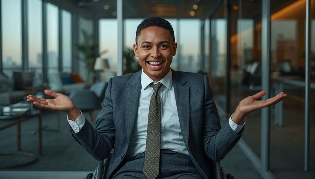 Smiling business executive in wheelchair raising hands in modern glass office lounge