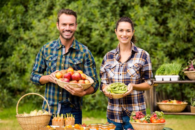 Young couple standing outdoors, holding baskets of fresh fruits and vegetables. They are smiling and dressed in plaid shirts, showcasing their organic produce at a farmers market. Ideal for use in promotions for local businesses, sustainable agriculture, healthy eating, and community events.