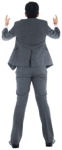 Rear view transparent asian businessman in suit reaching up