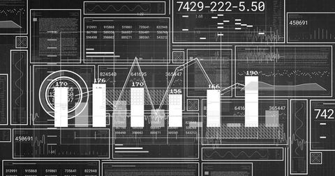 Displaying five-bar and line chart on monochrome analytics dashboard with gauges and sparklines