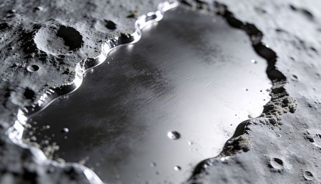 Shimmering liquid silver pool in lunar crater macro close-up reflective metallic surface